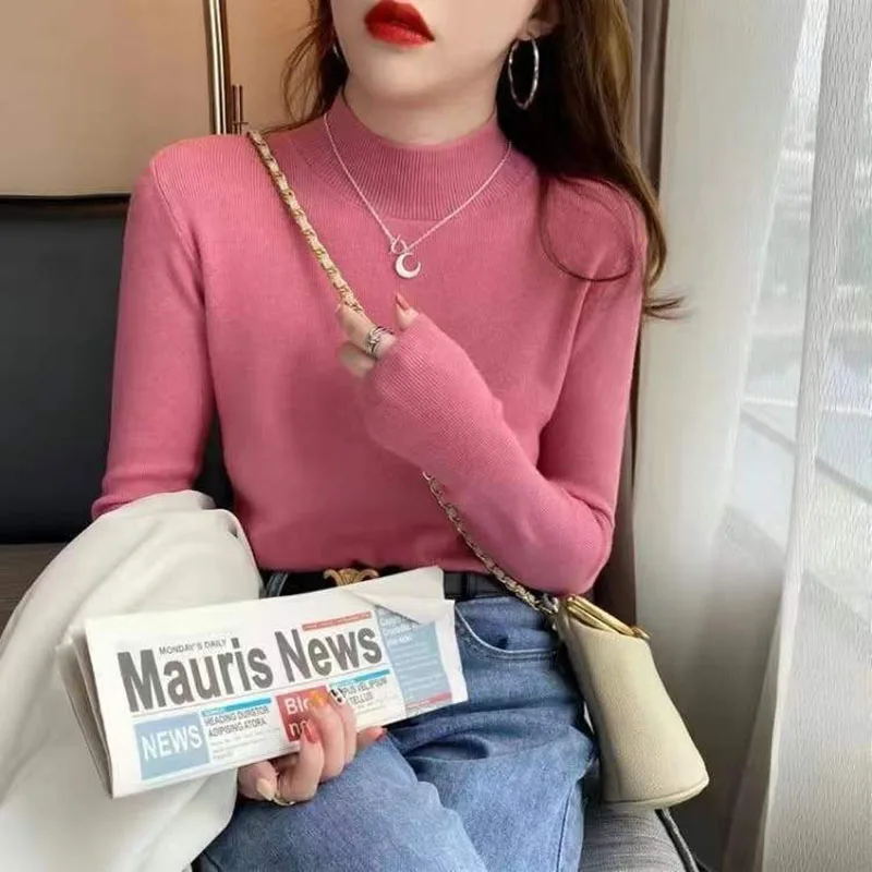 

Vintage Knitted Sweater For Women's Spring Autumn 2025 New Semi-High Neck Jumper Bottoming Top Slim Basic Pullover Sweater Lady