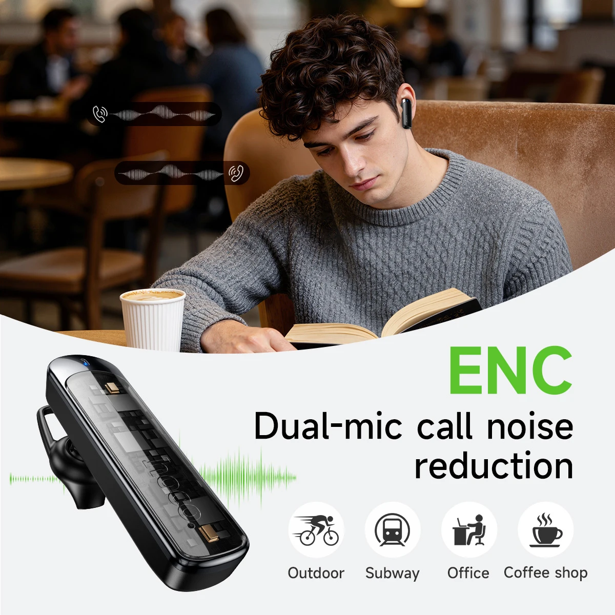 HOCO E201 ENC Calling Noise Cancelling Bluetooth 6.0 Single Wireless Earphone with Dual Microphone Bussiness Earbuds 170H Standy