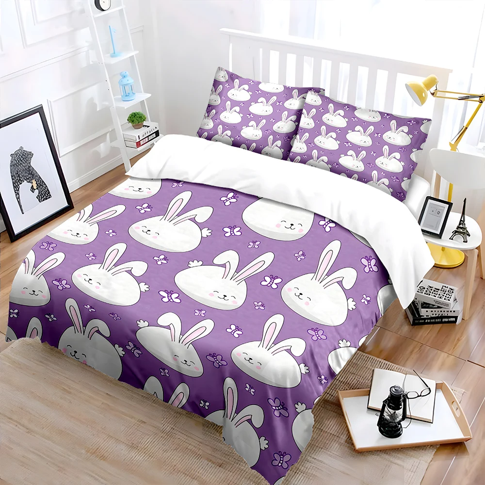 White bunnies on purple background Print Soft Comfortable Duvet Cover Bedding Set Included 1*Duvet Cover  2*Pillowcases