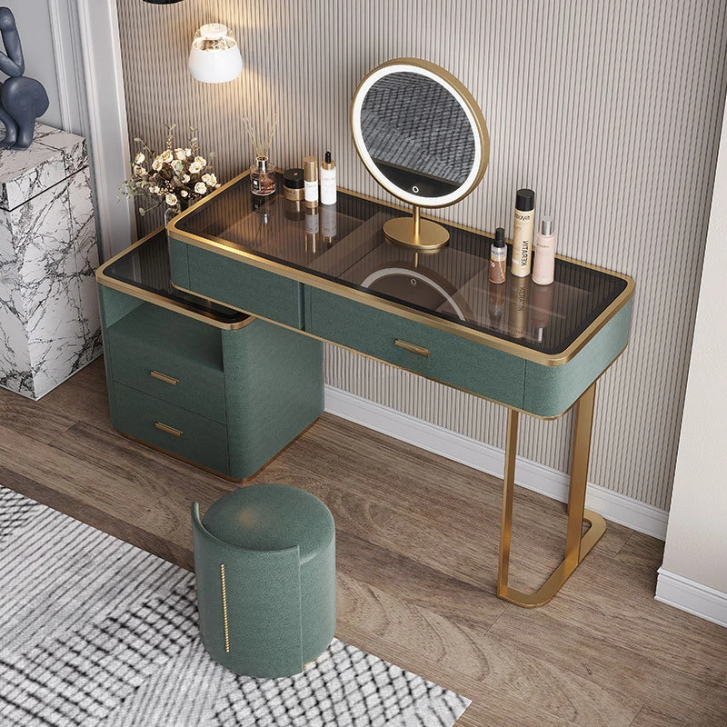 Multifunction Light Luxury Bedroom Dressing Table Tempered Glass LED Corner Storage Integrated Modern Minimalist Dressing Table