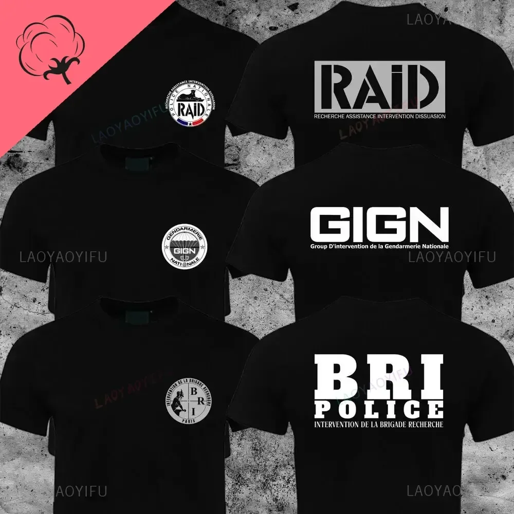 French Special Forces GIGN Raid BRI Men's T-shirt High Quality Summer Round Neck Short Sleeve 100%Cotton Print