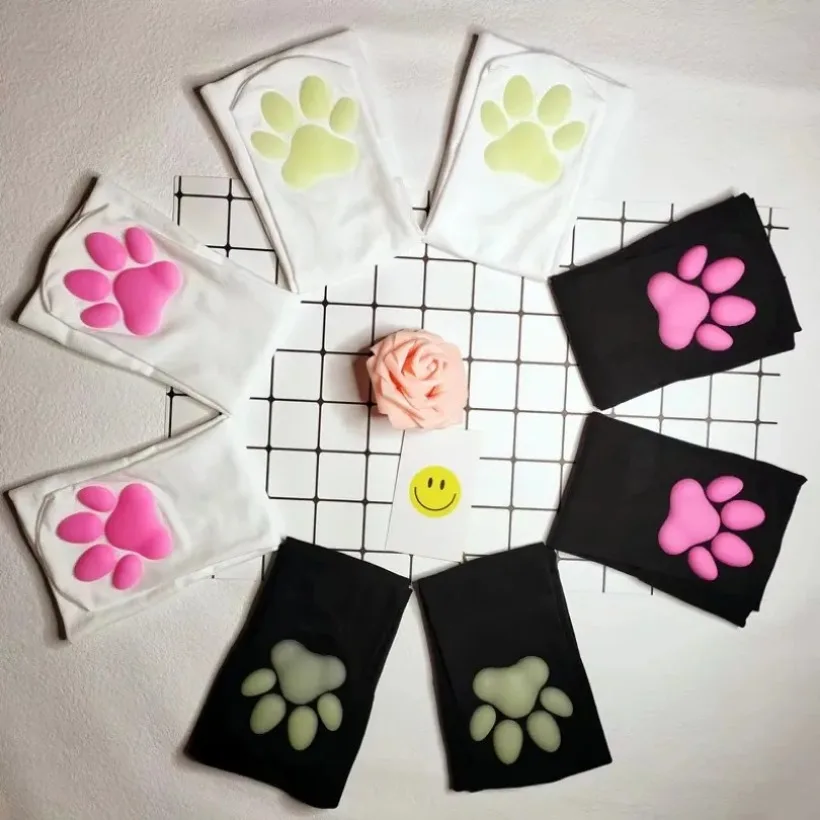 Womens 3D Cat Paw Pad  Above Knee Socks Lace Lolita Harajuku Y2k female Cosplay Thigh High Stockings Ladies Girls pink Long Over