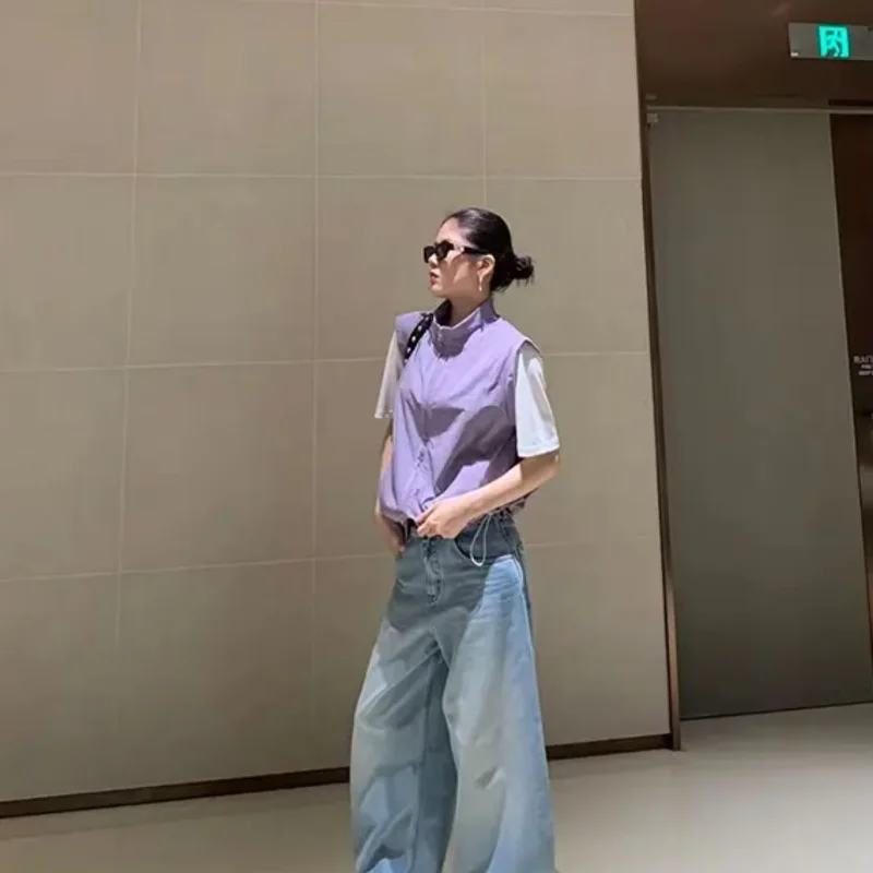 New sun protection faux two-piece top, loose fit, zipper spliced ​​short T-shirt, slim fit, American retro, minority ethnic moto