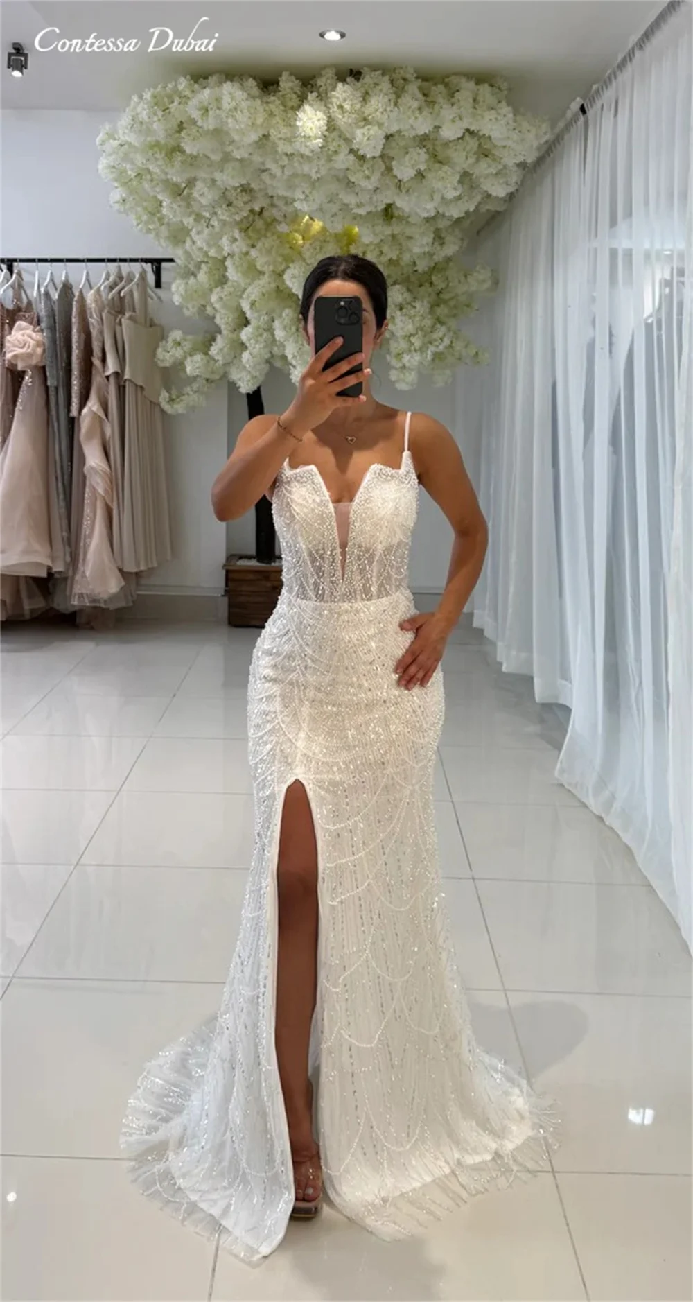 

Contessa Customized White Beadwork Sleeveless Prom Dress Side slit Slim Fit robes de soirée Spaghetti Strap Formal events dress