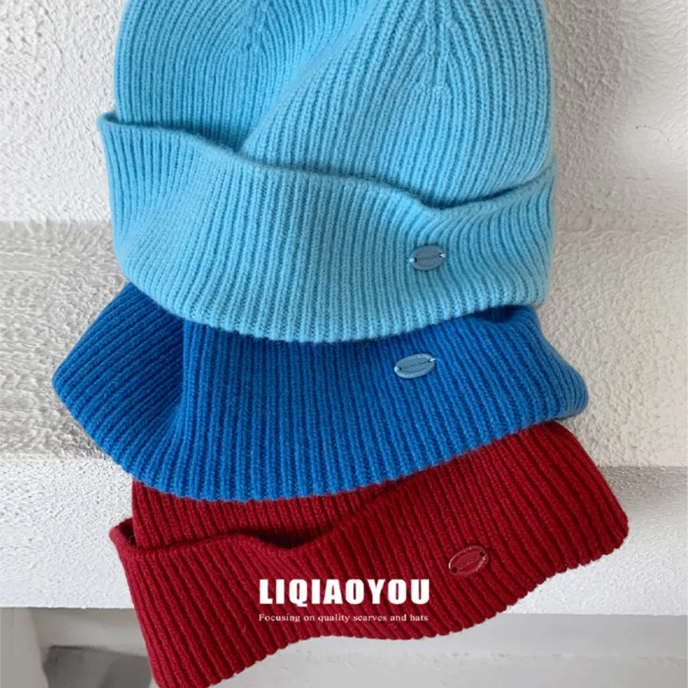 100% Australian Wool Ribbed Cuff Knit Beanie Hat Minimal Beige Brown Red Light Blue Dark White Women Warm Cozy Daily Wear