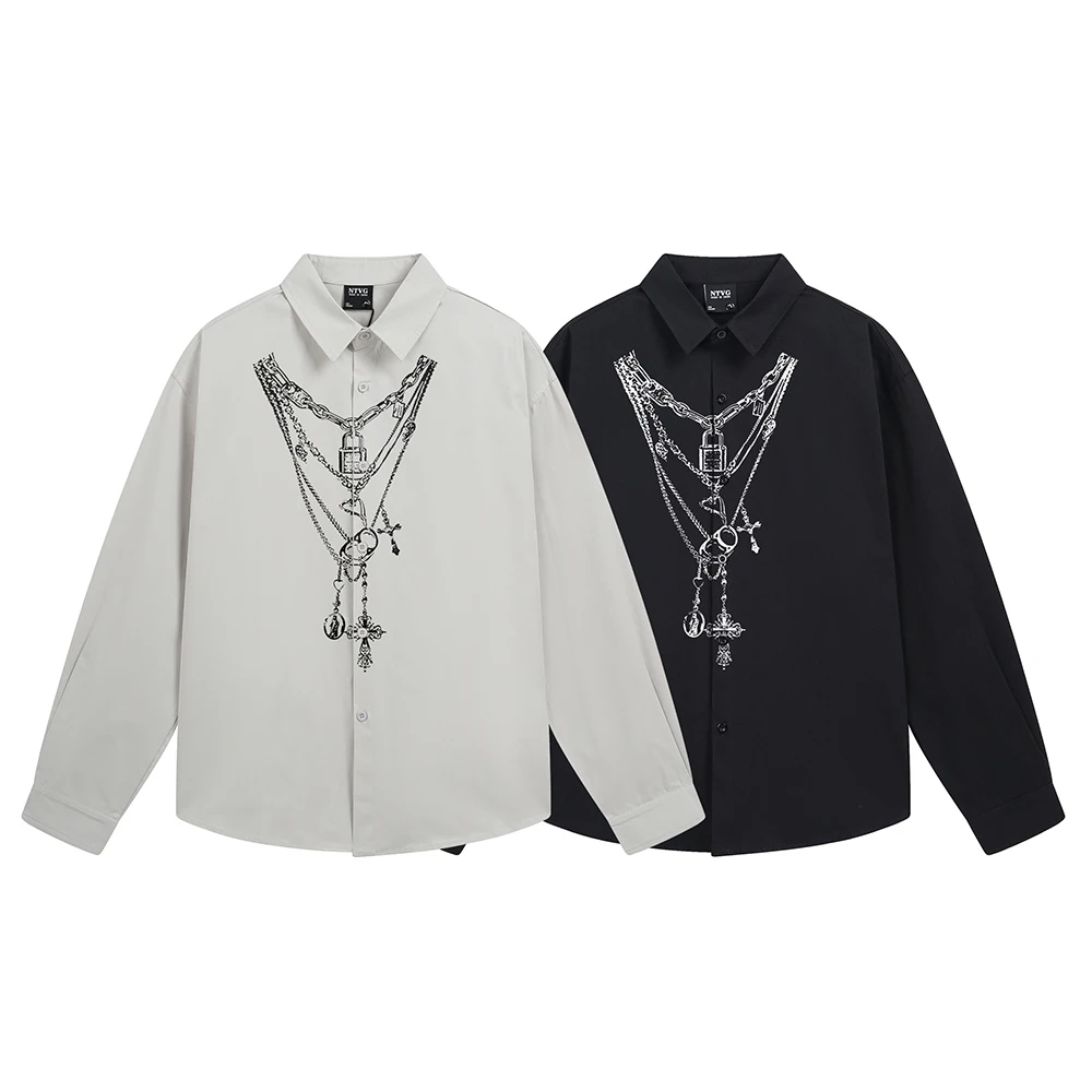 Hip Hop Chain Printed Trend Men's Shirts Y2k Streetwear Designer Tops Oversized Long Sleeve Shirt For Man Clothes Japanese Style