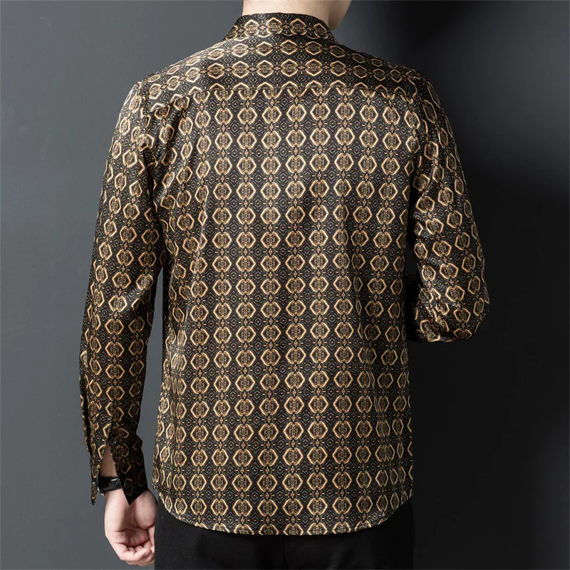 Exquisite Print Shirts For Men Long Sleeve Silk Blends Coolness Summer Quality Lightweight Trendy Casual Satin Camisas De Hombre