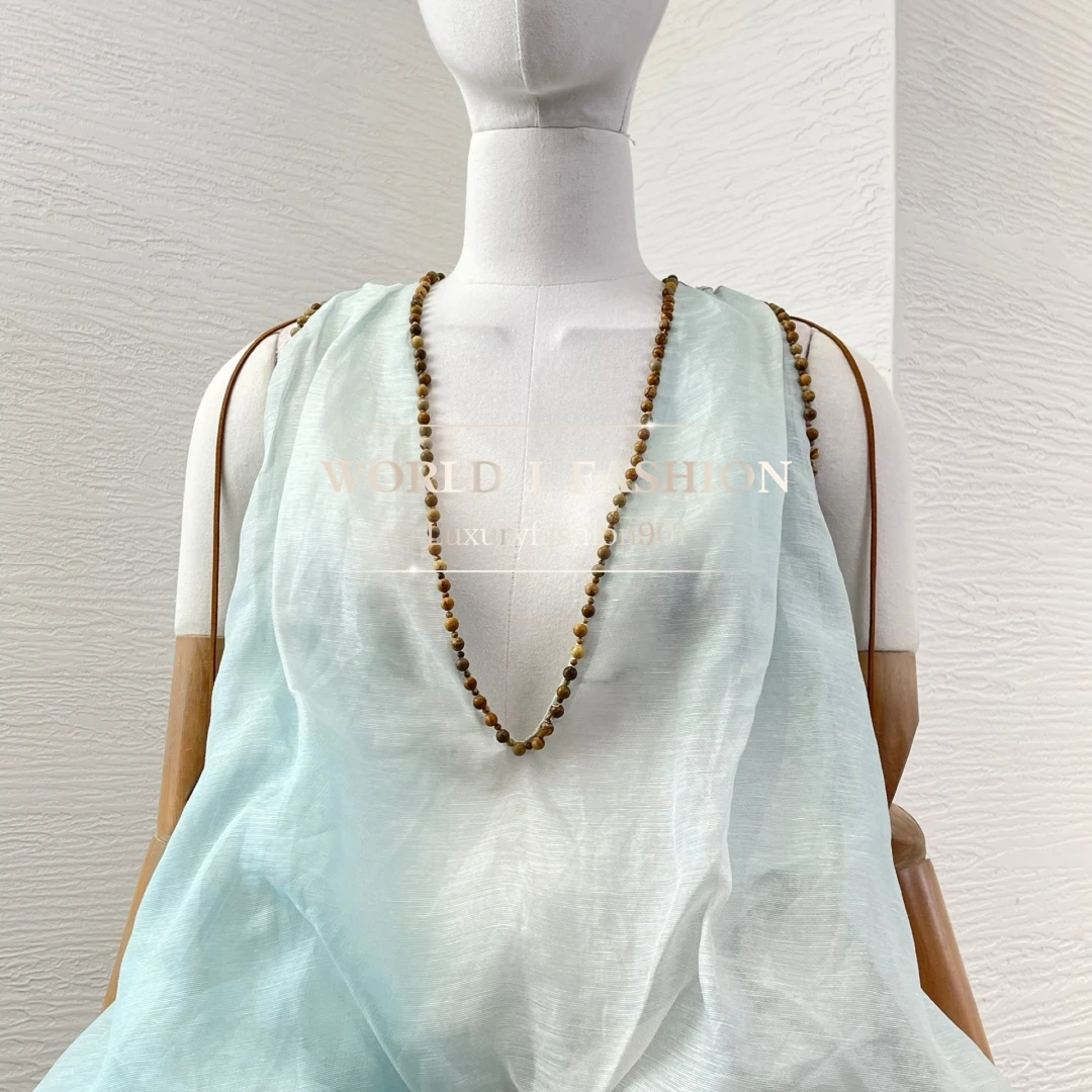 2025 New Fashion Blue Coconut Trees on The Beach Print Sleeveless Beading Deep V Neck Maxi Dress