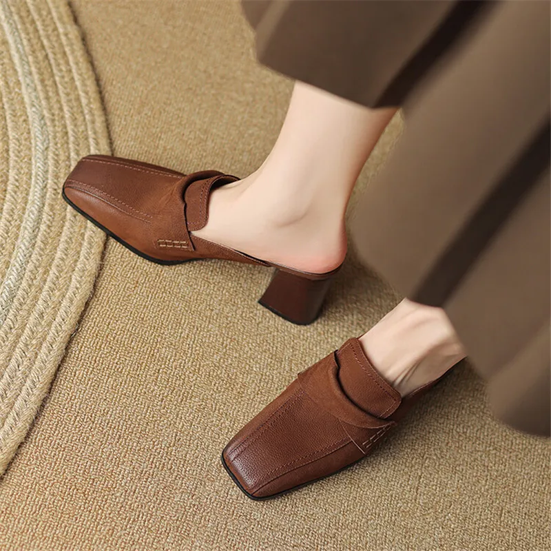 2023 Summer Women Shoes Genuine Leather Shoes Women Simple Retro Women Slippers Chunky Heel Shoes Square Toe Slippers Mules