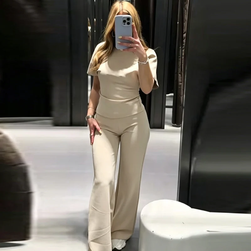 HXAO Weit geschnittenes Hosen-Set für Damen – Sommer 2026 Basic rückenfreies Kurzarm-T-Shirt-Outfit mit schicker, hochtaillierter elastischer Hose – Detail 4