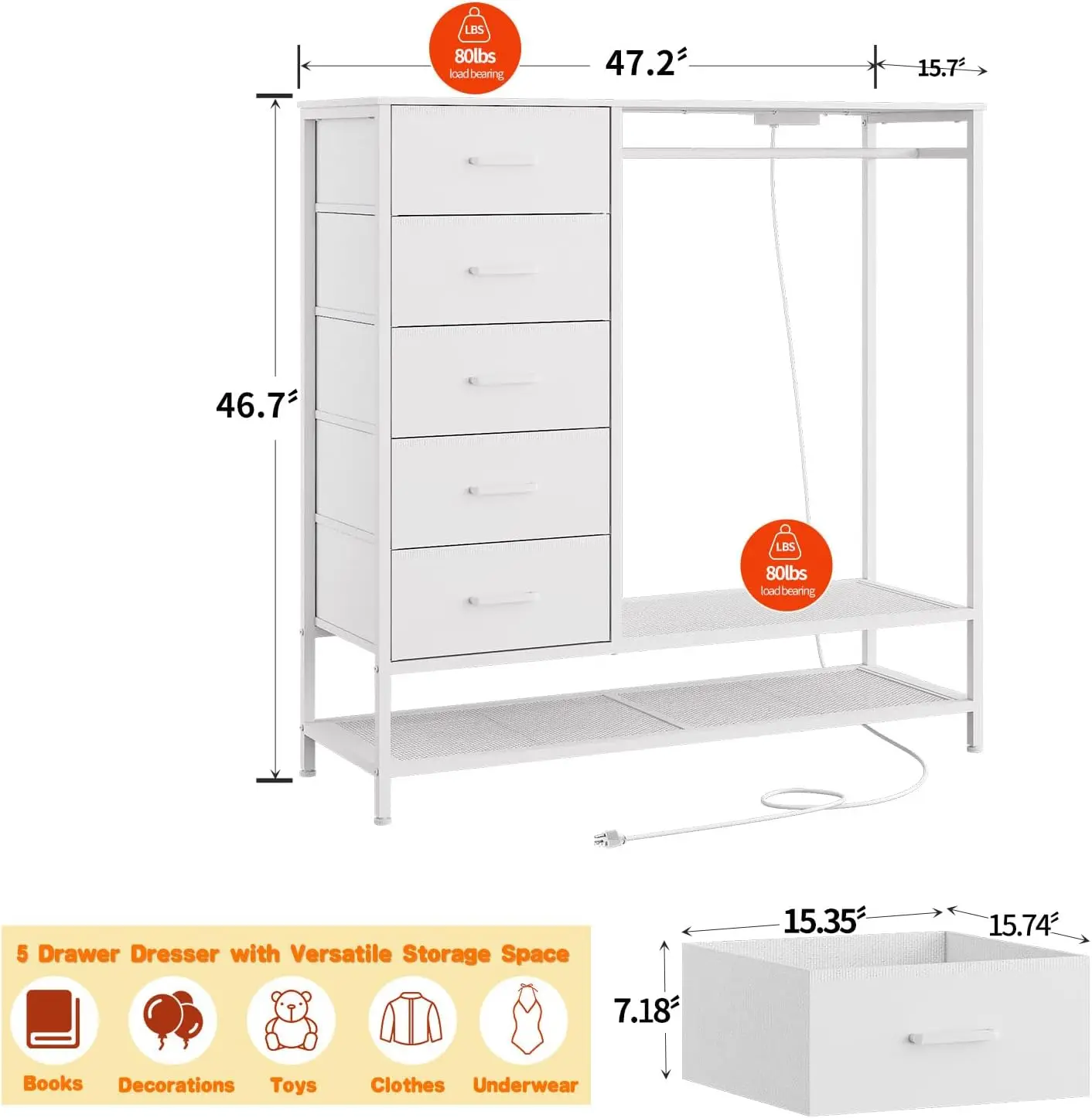 Dresser with Hanging Rack Led Lights and Charging Station, White Bedroom Dresser with 5 Fabric Chest of Drawers with PU Finish S