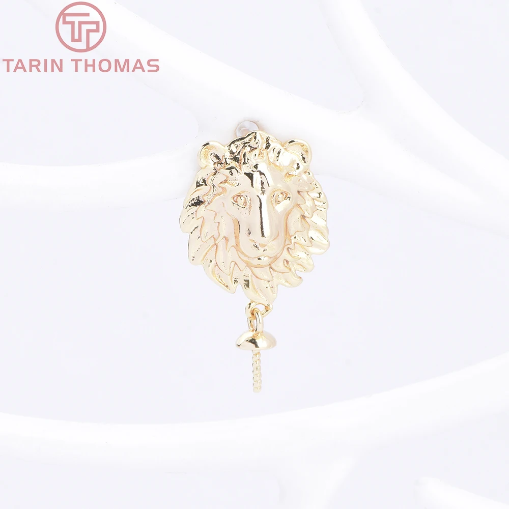 (10404) 4PCS 12x15.5MM 24k Gold Color Brass Lion Head Shaped Stud Earrings High Quality Diy Jewelry Findings Accessories