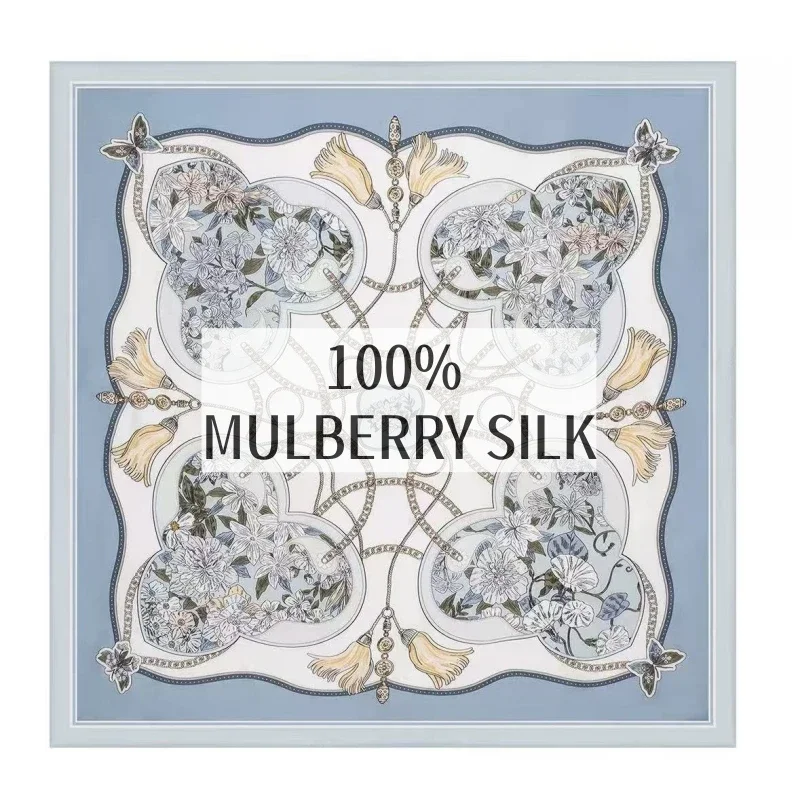 High Grade 100% Mulberry Silk Scarf Classic Floral Chain Design Square Shape Stylish Women All Match Outdoor Neck Accessory