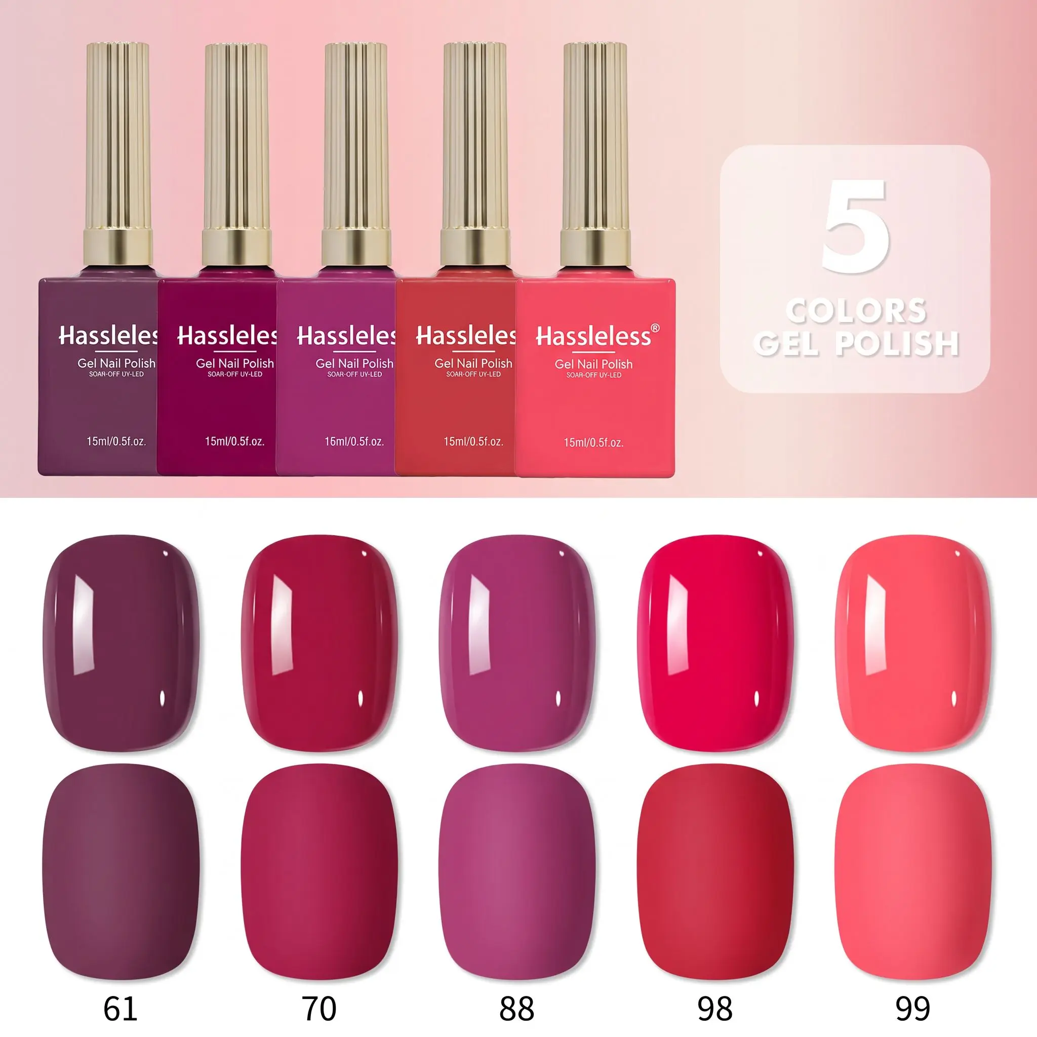 Hassleless 5Pcs Red Nail Polish Gel Set, Provides a Smooth and Shiny Finish, Suitable for DIY Nail Art and Nail Creation