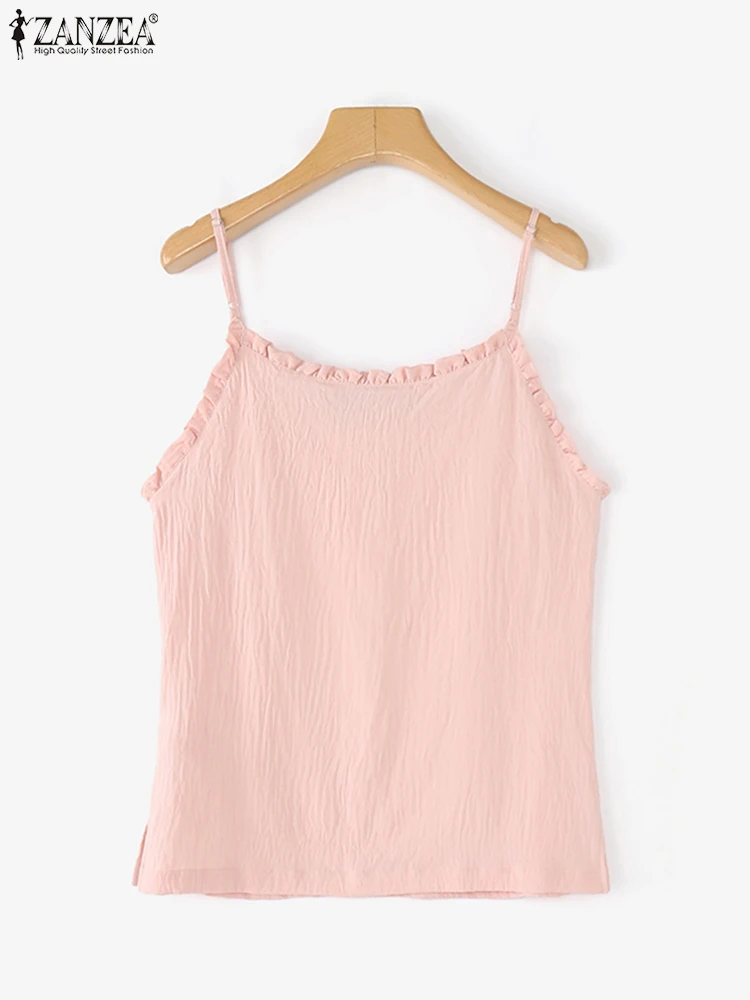 ZANZEA Elegant Women Straps Camis Sleeveless Tanks Tops Summer Tees 2025 Fashion V-Neck Ruffled Solid Shirts Elegant Work Shirts