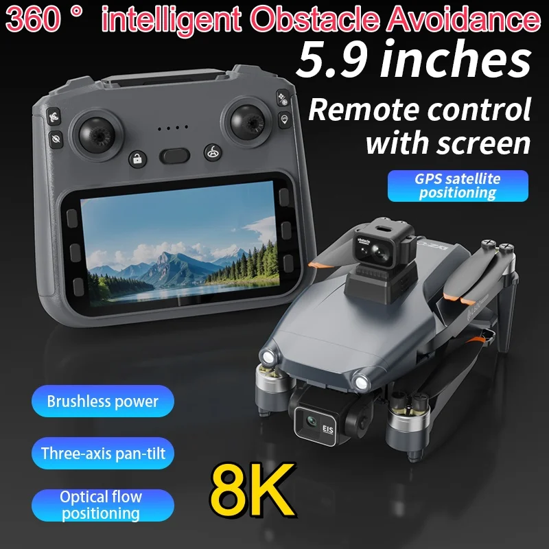 360° Obstacle Avoidance 5.9in Screen Drone 8K ESC Brushless 3 Axis Gimbal GPS Follow Me FPV RC Drone Remote Control Quadcopter