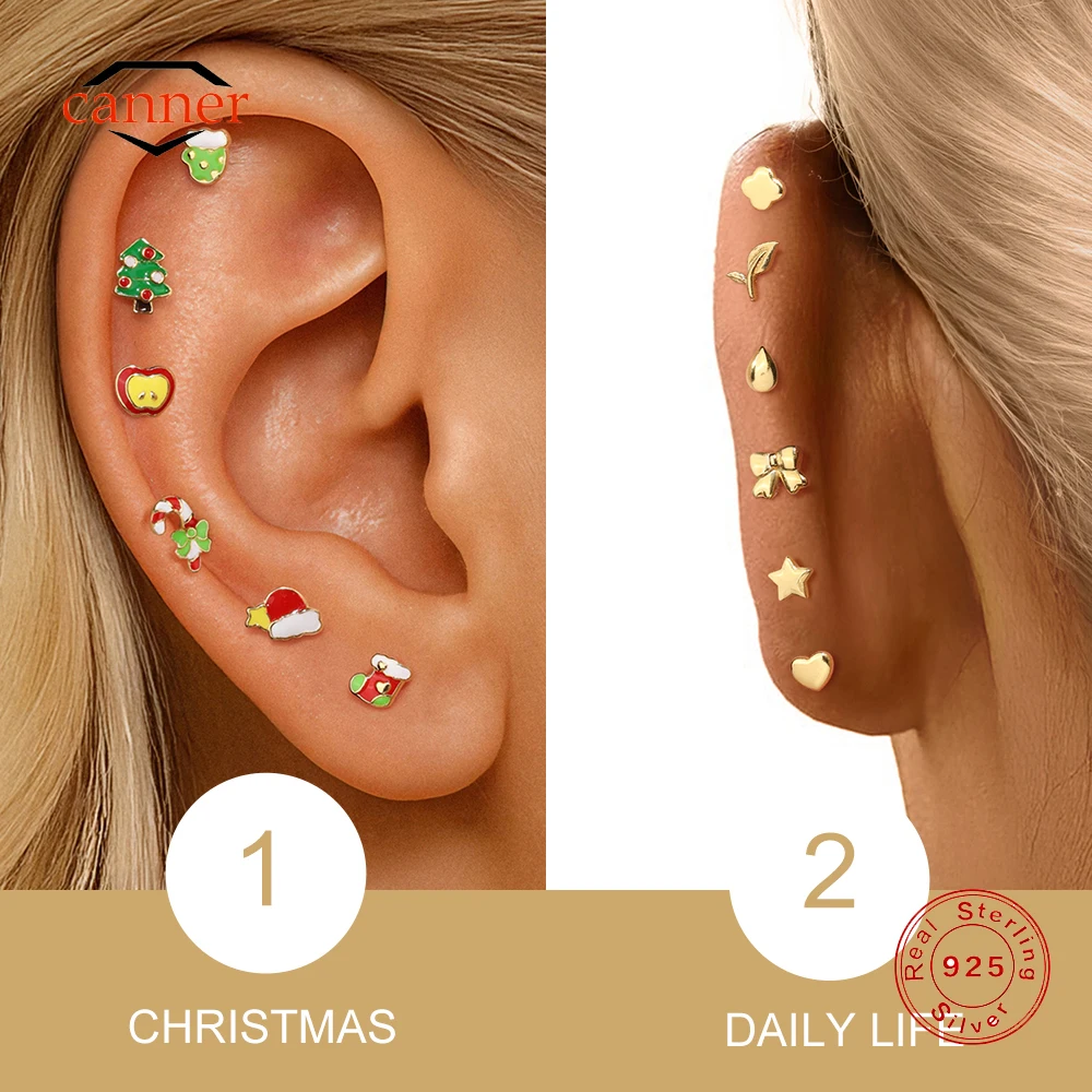 

CANNER 1PC 925 Sterling Silver Christmas Glove Sock Hat Christmas Tree Candy Apple Oil Droplets Double Headed Piercing Earrings