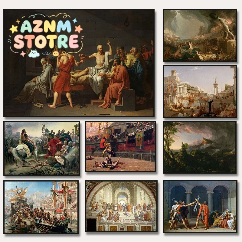 (2D Canvas Painting)  1pc framless Canvas Painting The Course of Empire The School of Athens The Death of Socrates Poster Cla