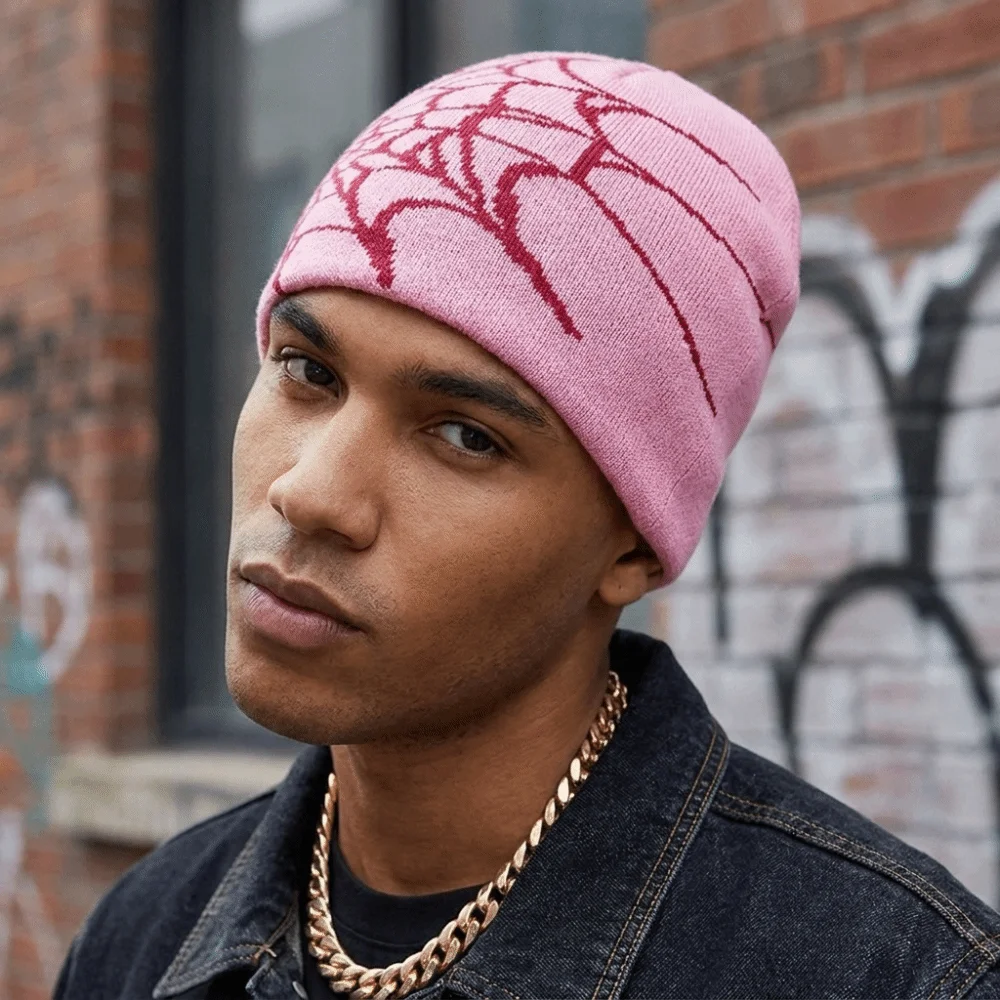 Beanie Cuffed Knit - Y2K Soft Spider Web Pattern Beanie
