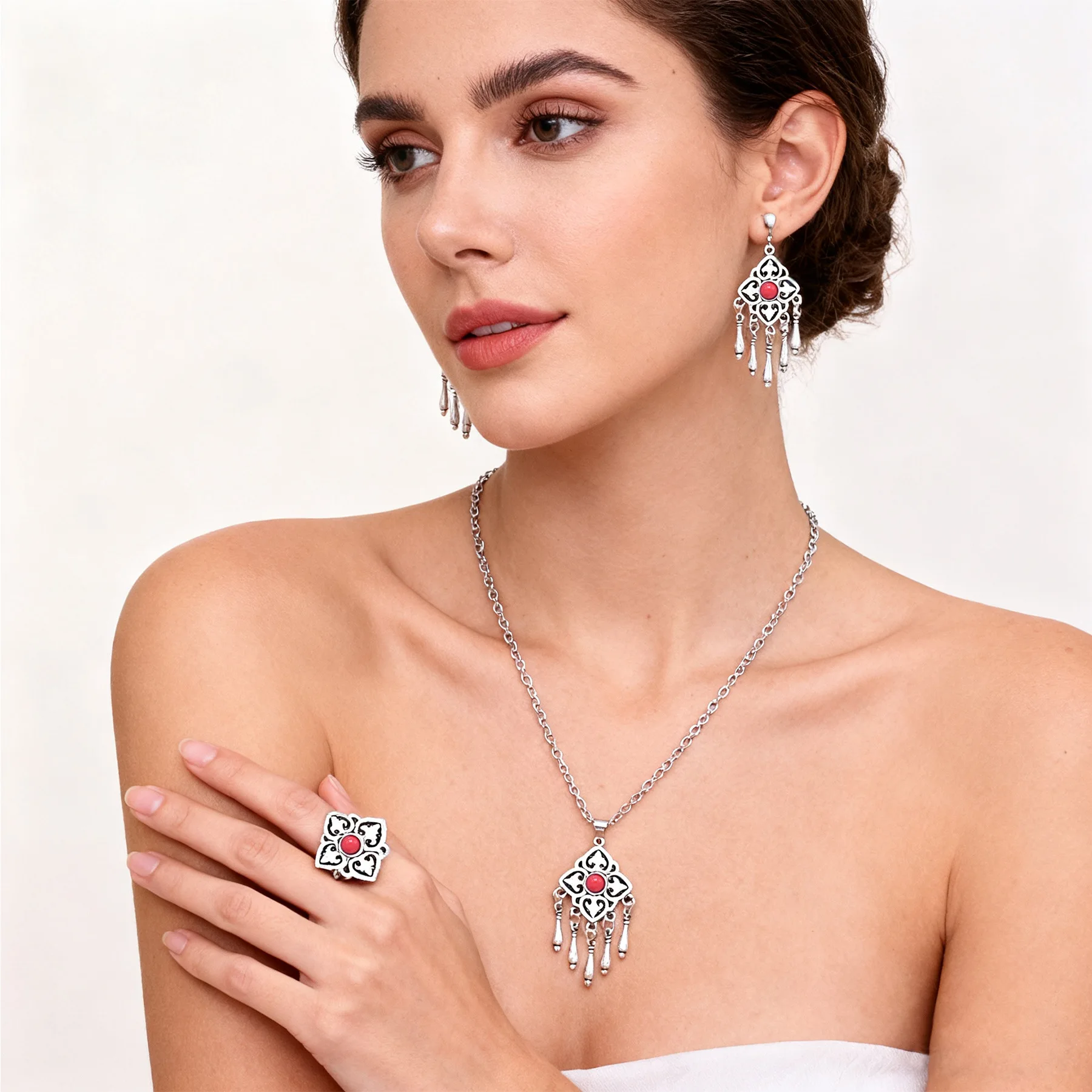 Women's Alloy Kazakh Ethnic Style Retro Geometric Three-Piece Exotic Necklace Earrings Ring Set Women Turkish Jewelry Set