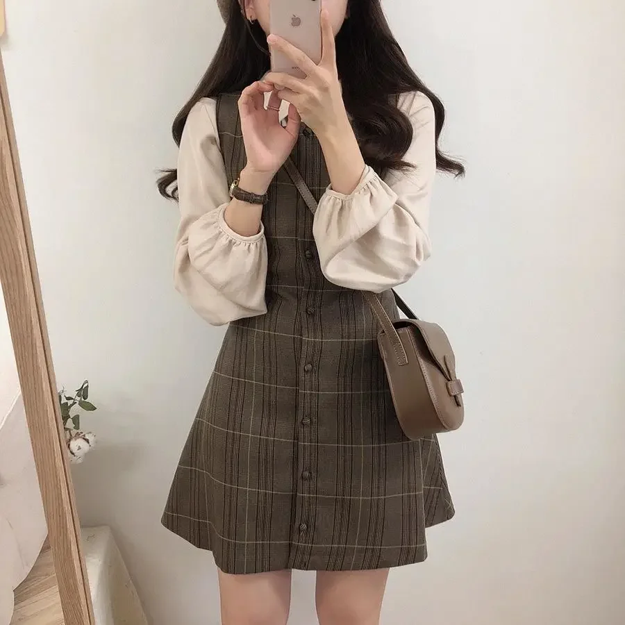 GIDYQ Japan Cute Two Piece Sets Shirt Dresses Women Fashion Chic Sleeveless Vest Solid Blouse Kawaii Vintage Students Sets