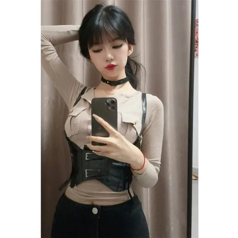 Fashionable waistband decoration outerwear - Black ins punk-style camisole paired with a suit waist belt, women's waist cincher