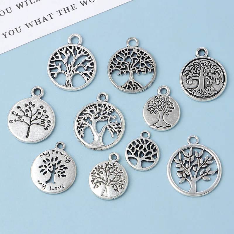 10pcs DIY Vintage Silver Round hollow Tree of Life Pendant Earring Creative Alloy Accessories Material charms for jewelry making