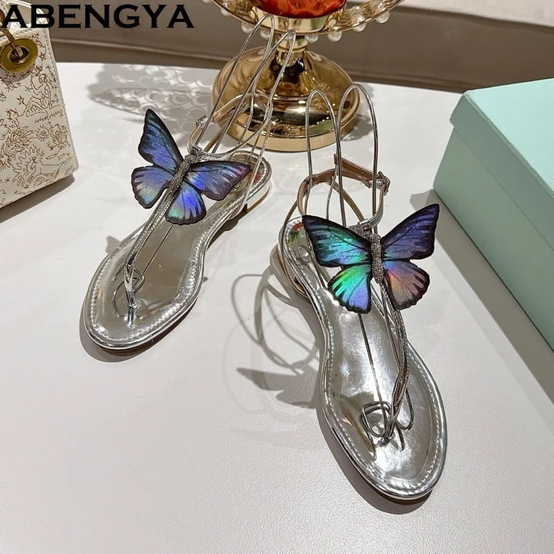 ABENGYA Real Leather Flip Flops Flat Sandals Women  Butterfly Holiday Beach Shoes Woman High Heels Dress Sandalias Mujer