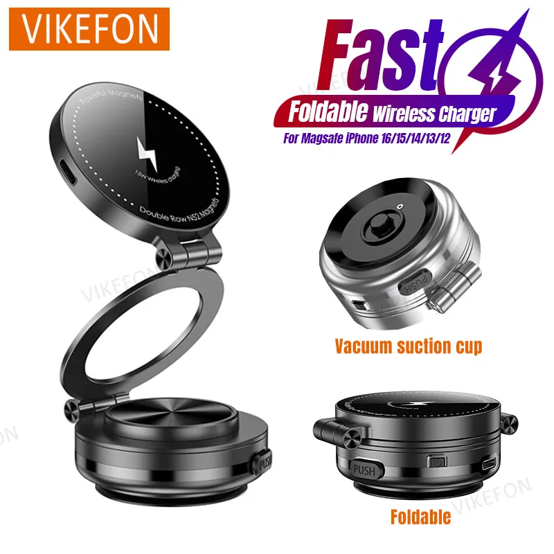 

Магнитное беспроводное зарядное устройство и подставка для телефона с вакуумной присоской для iPhone 16, 15, 14, 13, 12, станция быстрой зарядки Samsung Xiaomi