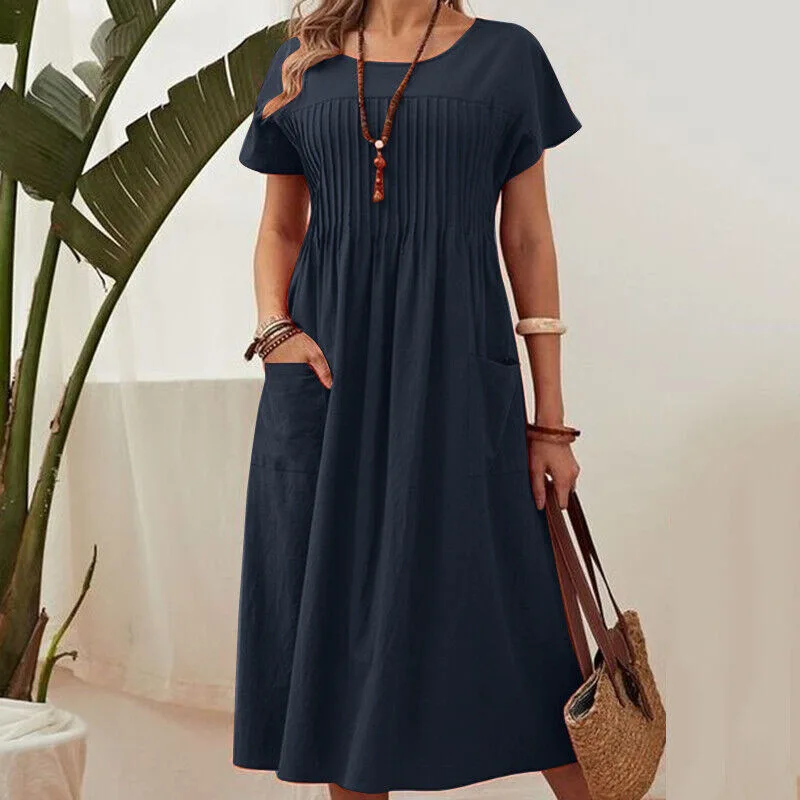 Summer Women's O-neck Dress Short Sleeves Pleated Pockets Cotton-linen Blend Retro Simple Midi Skirt