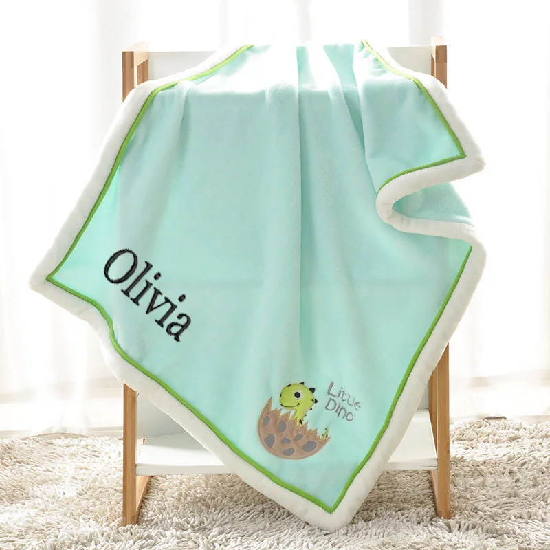 Baby Flannel Blanket Personalized Name Cartoon Solid Color Thickened Flannel Blanket Gift Blanket Baby Baptism Gift