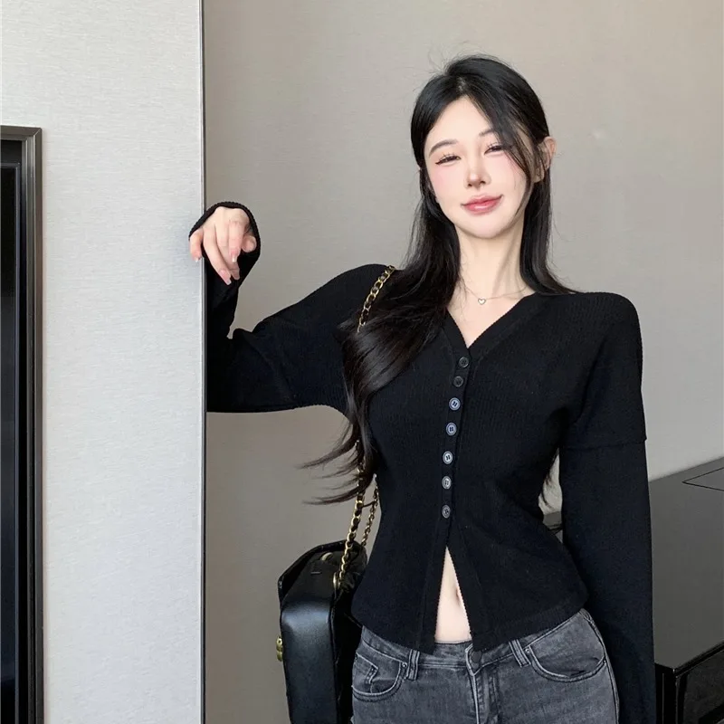 Slimming High Waist Open Cardigan Women's Casual Inner Wear T-shirt Korean Style Vintage Button up Top City Walk Standard Fit...