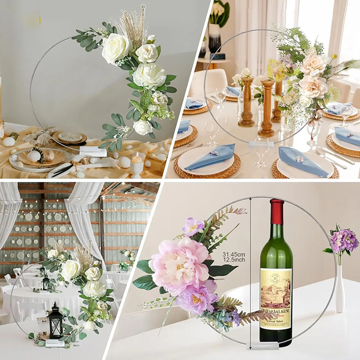 1Pcs Metal Floral Hoop Centerpiece Round Macrame Gold Hoop Ring with Wood Stands Sturdy DIY Wreath Ring Table Decoration