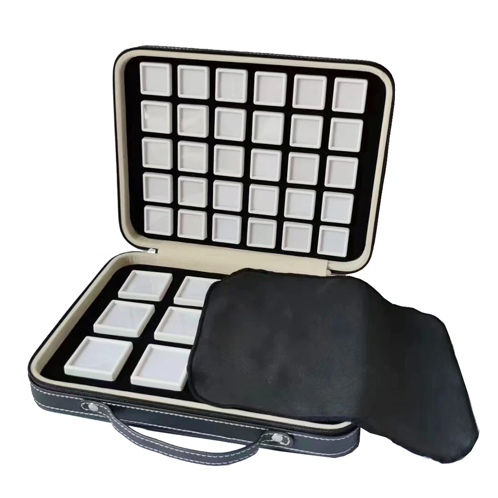 White Diamond Storage Box Black PU Gemstone Jewelry Zipper Case 3cm/4cm Gems Coin Organizer Pendant Stone Packaging Showcase