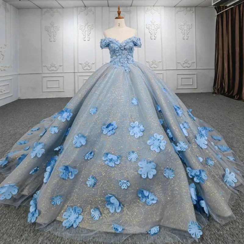 

Luxury Sky Blue Shiny Quinceanera Dresses 2024 Ball Gown Appliques 3D Flower Long 15 Year Girls Birthday Corset Party Dress