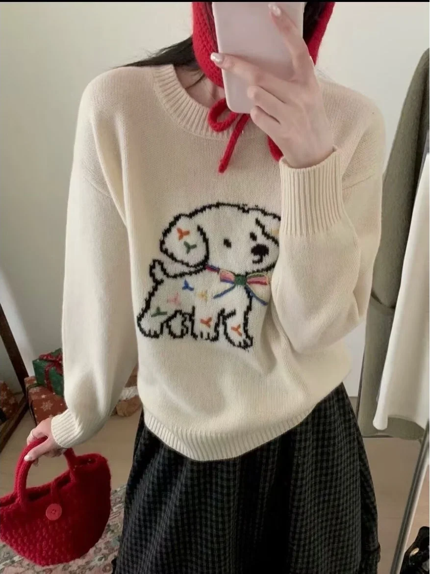 

Cute Korean Style round Neck Knitted Sweater Women's Loose Fit Comfortable Soft Long Sleeve Dog Patterned Top for Autumn Winter