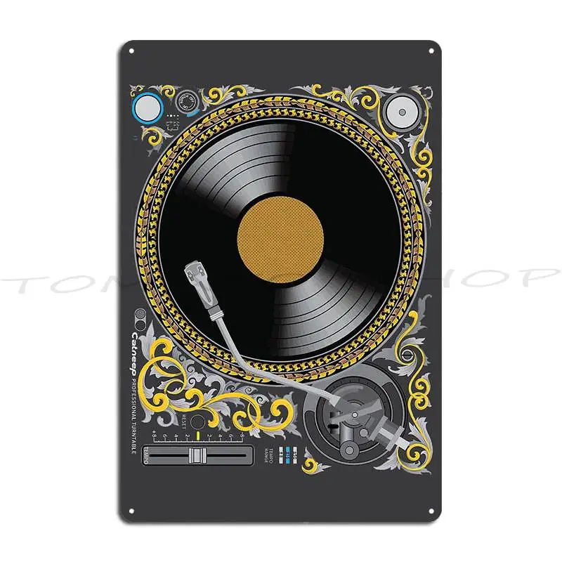 Vintage DJ Turntable With Floral Scrolls Ornament Play Vinyl Metal Plaque Club Bar Living Room Printing Iron   Tin Sign Poster