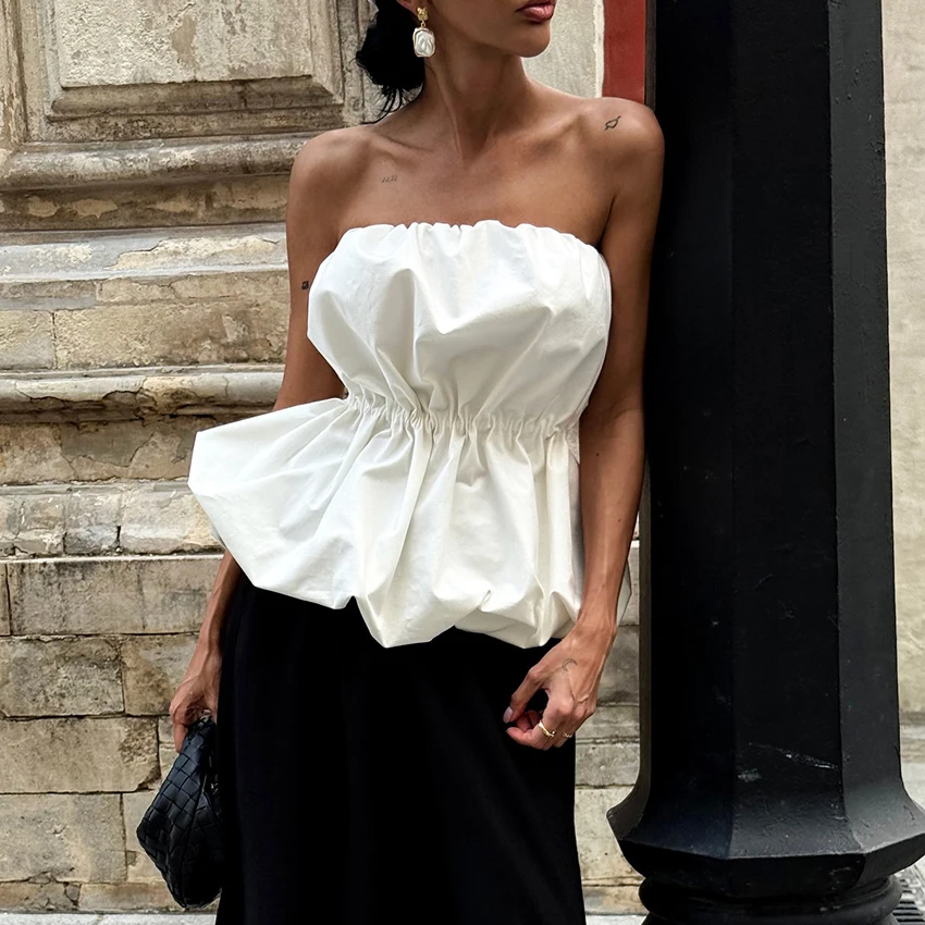 Linad Elegant White Pleated Off The Shoulder Tank Top Street Chic Backless Vest Female Spring Casual Sleeveless Tops Lady 2026