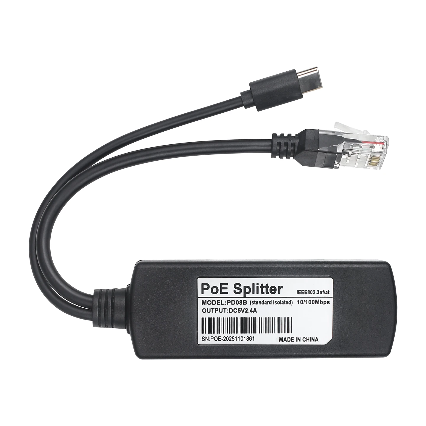 5V 2.4A PoE Splitter USB Type-C IEEE 802.3af/at 10/100Mbps Power Over Ethernet RJ45 USBC Interface compatible for ESP32P4 DEV