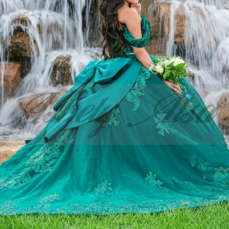 A36331 robe de fête d'anniversaire pour femmes, vert mexicain, épaules dénudées, avec nœud, robe de bal, occasion douce 15 16 filles, Quinceanera, personnalisée