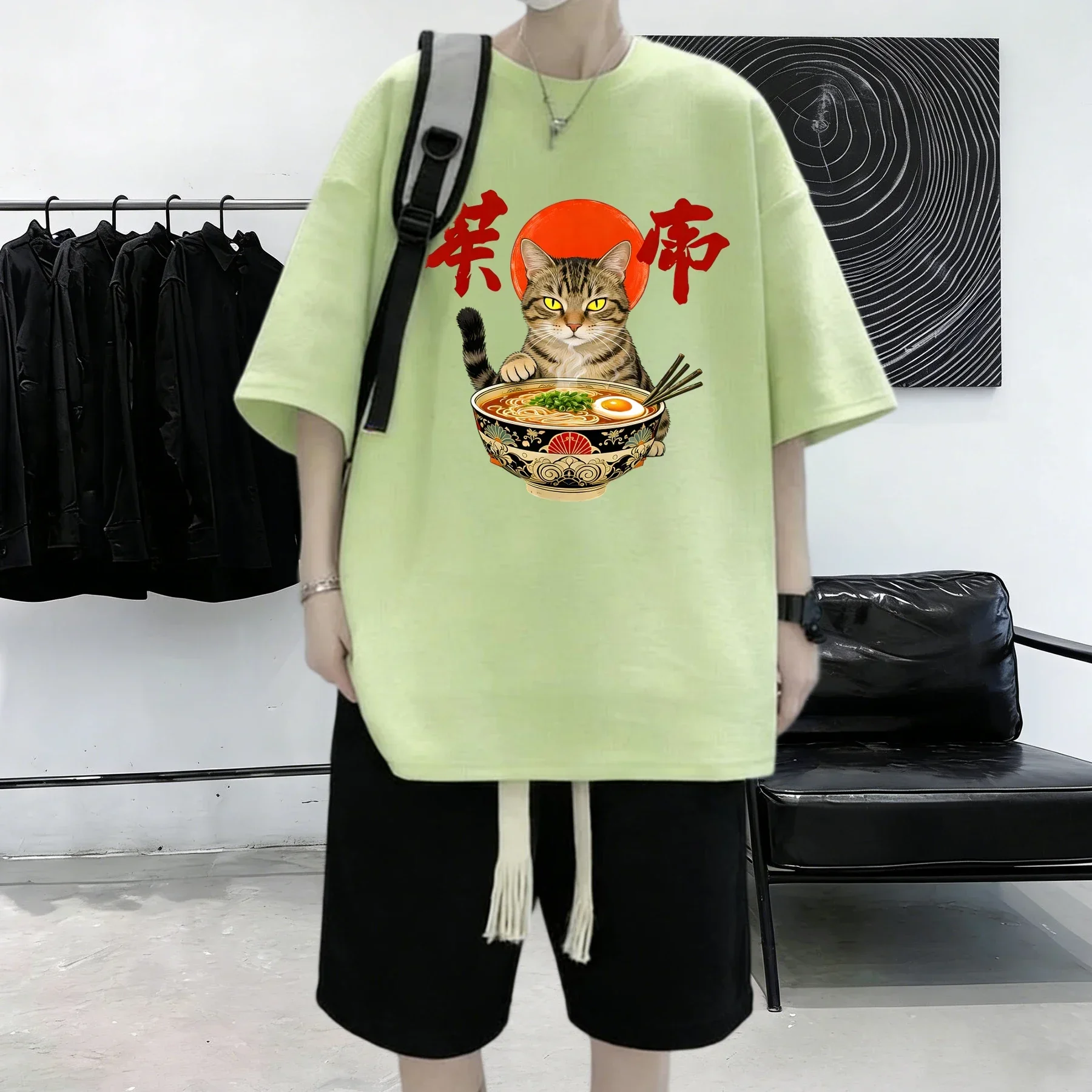 Cat That Likes To Eat Noodles Printed Man Cotton All-Match Summer Short Sleeve Basic Loose T Shirt Hip Hop Youth Comfy Top