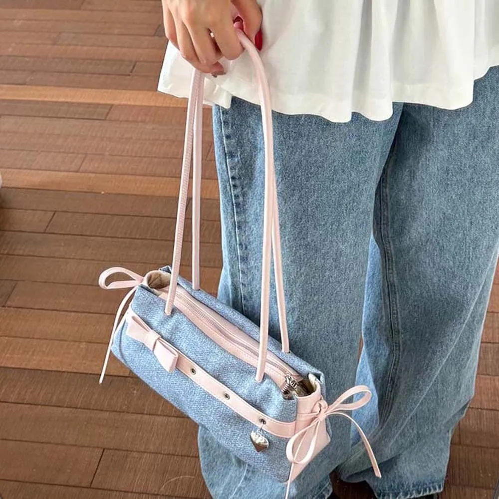 

All-match Sweet French Stick Handbag Ribbon Large Capacity Bow PU Shoulder Bag Blue Waterproof Denim Underarm Bags School