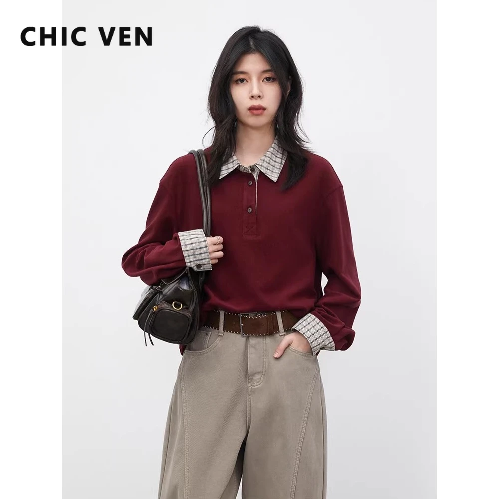 CHIC VEN Women T-Shirts Loose Casual  New Color Block Plaid Splicing Long Sleeved Tees Red Collar Female Top Spring Autumn 2026