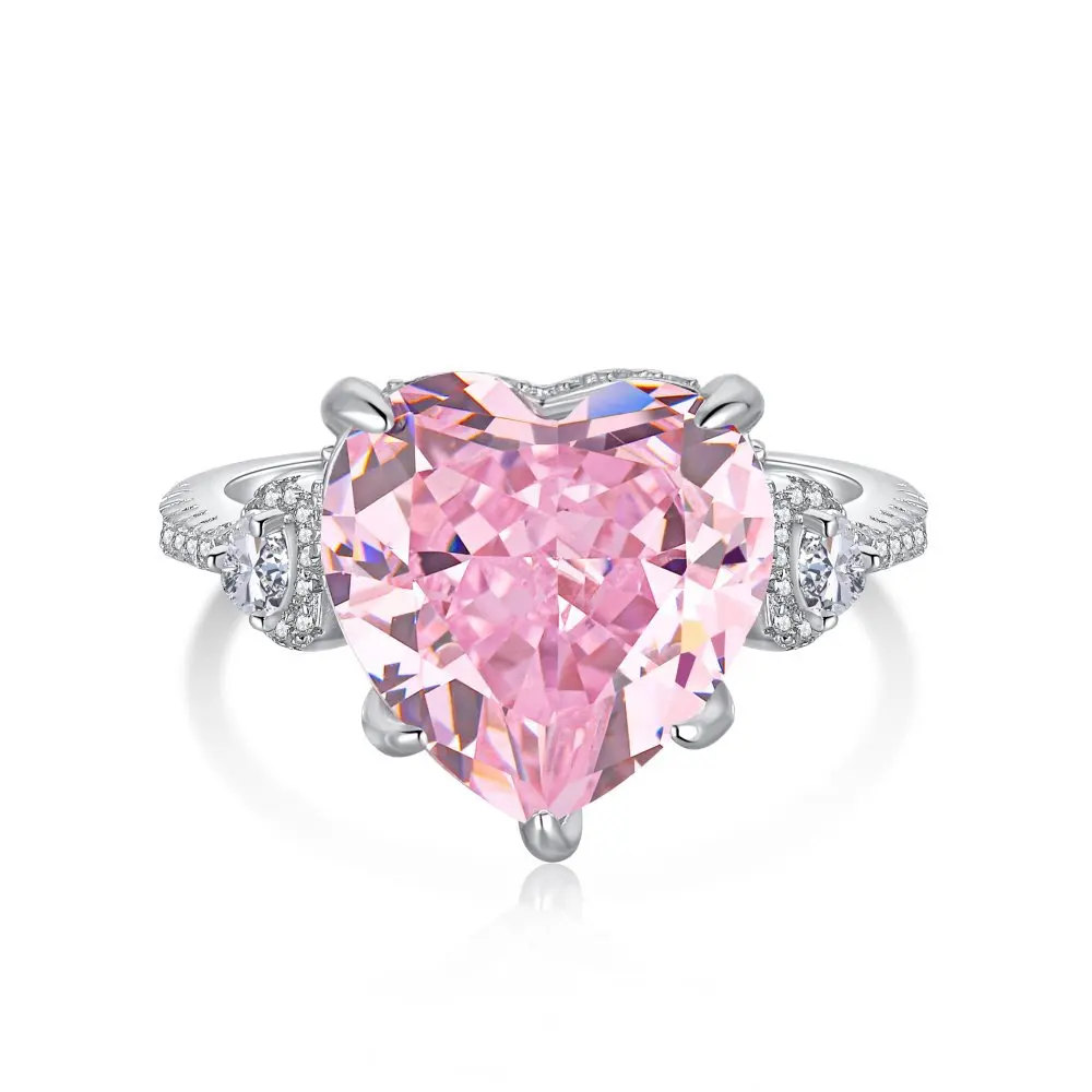 Star internet celebrity's same s925 silver heart shaped high carbon diamond ring, shaped diamond, ice flower cut pink diamond ri