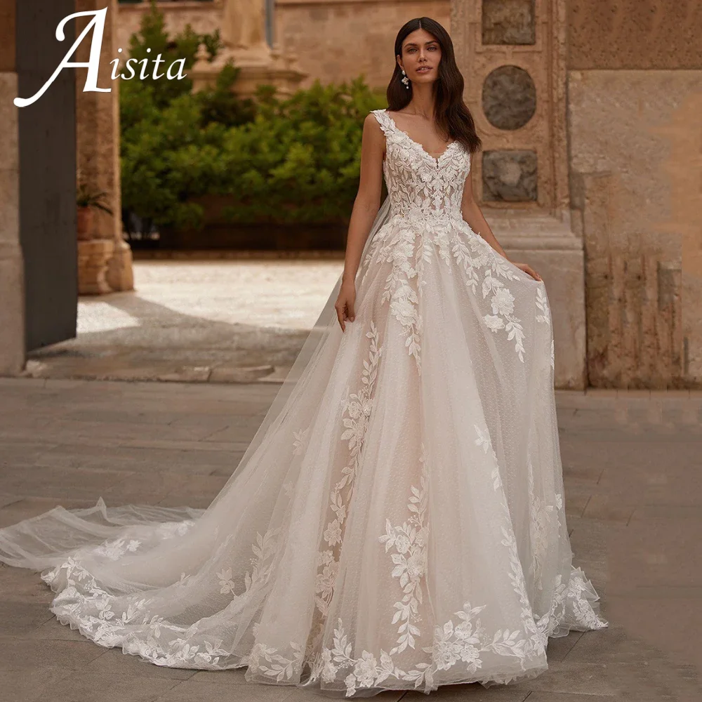 

Wedding Dress 2025 Sexy V Neck Sleeveless Applique Dot Tulle A Line Court Train Backless Bride Bridal Gown Vestido De Noiva