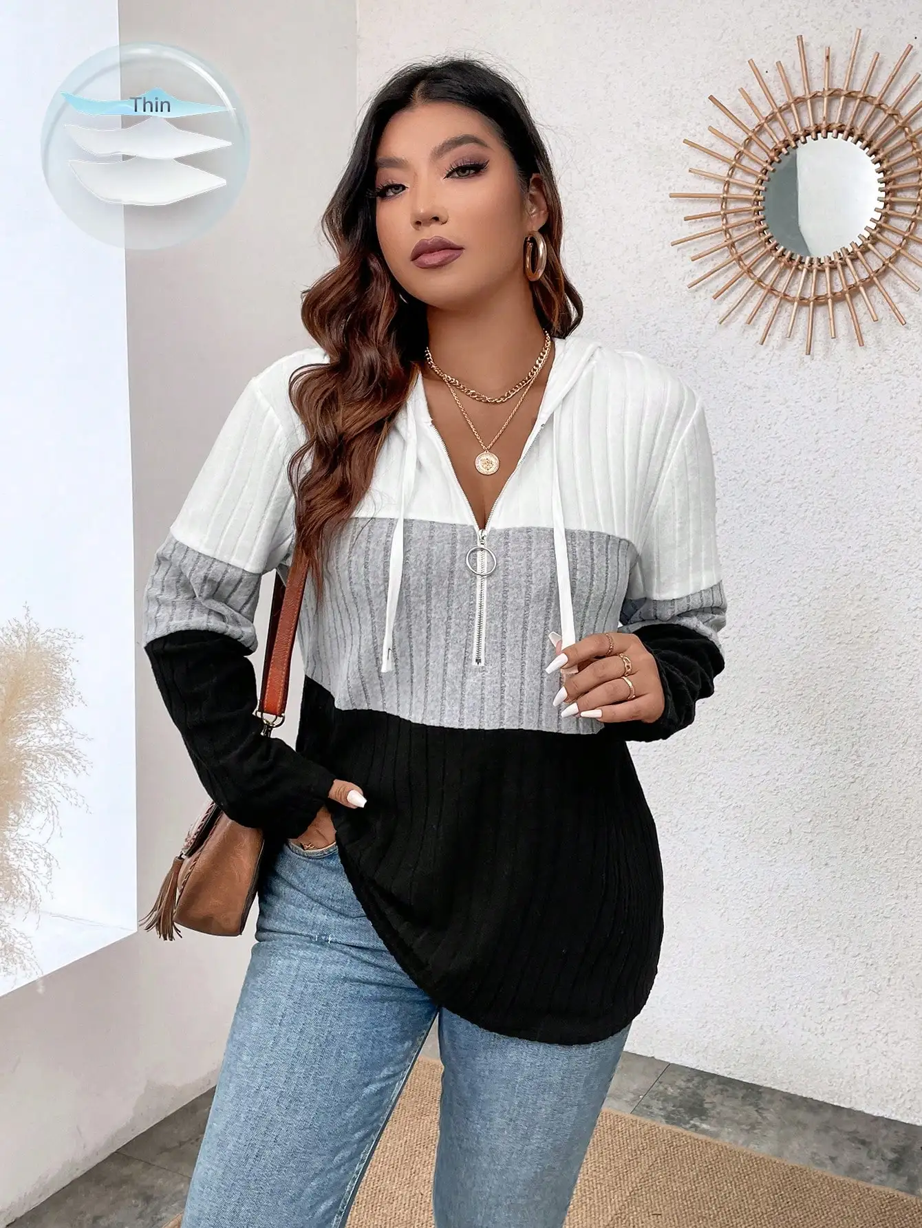 

Женская толстовка больших размеров с V-образным вырезом, молнией и трикотажными вставками в три цвета, повседневная толстовка с длинными рукавами для осени и зимы