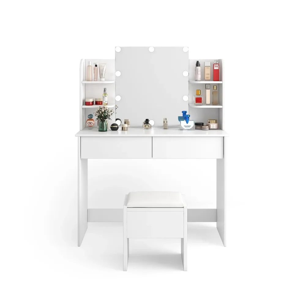 Modern Dressing table with 2 Drawers, 4 open shelves Rectangular Makeup Table with Mirror, 10-lamp bulb Dressers