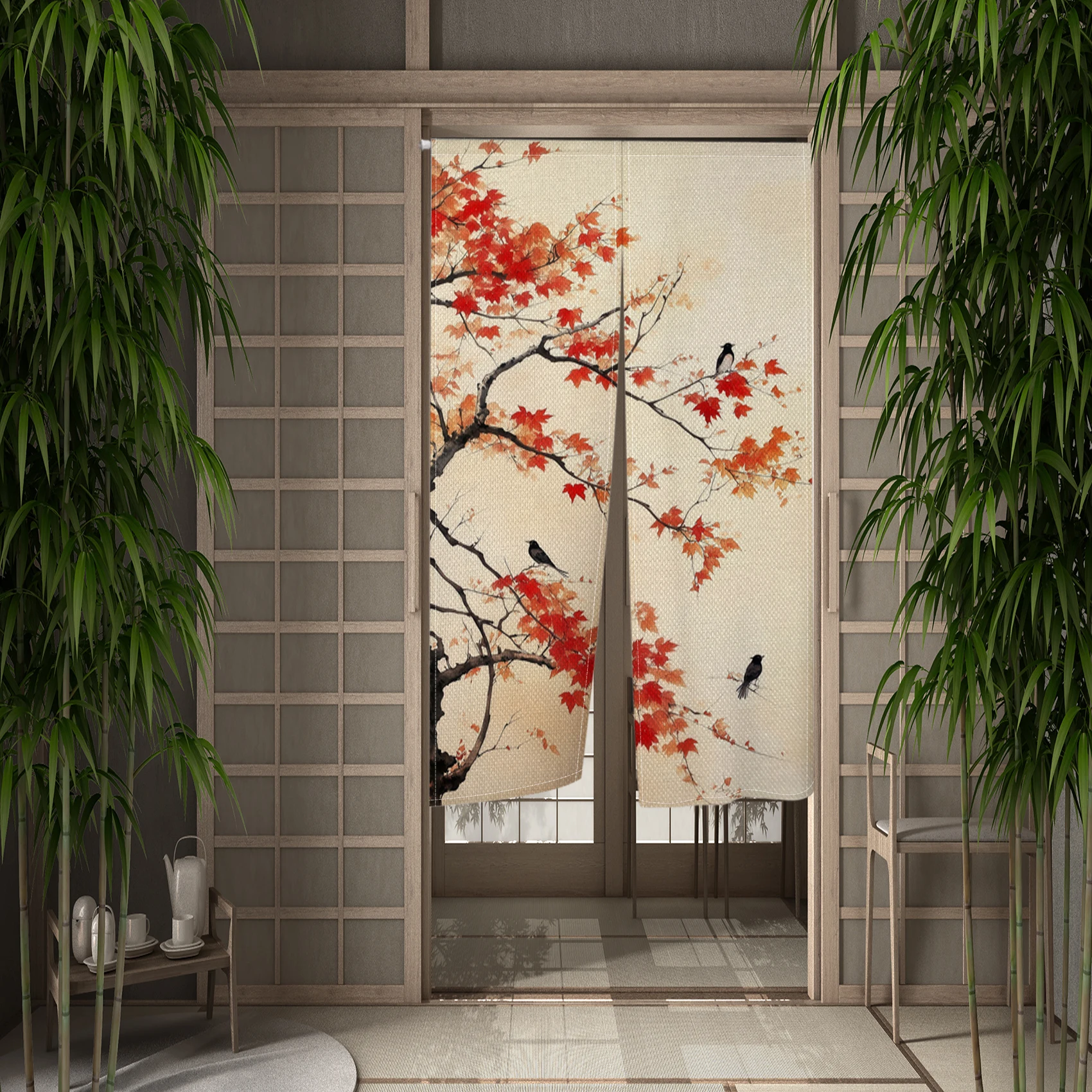 Chinese Noren Door Curtains Maple Leaf Bird Linen Doorway Curtains Home Decor Room Divider Traditional Ink Painting Half Curtain