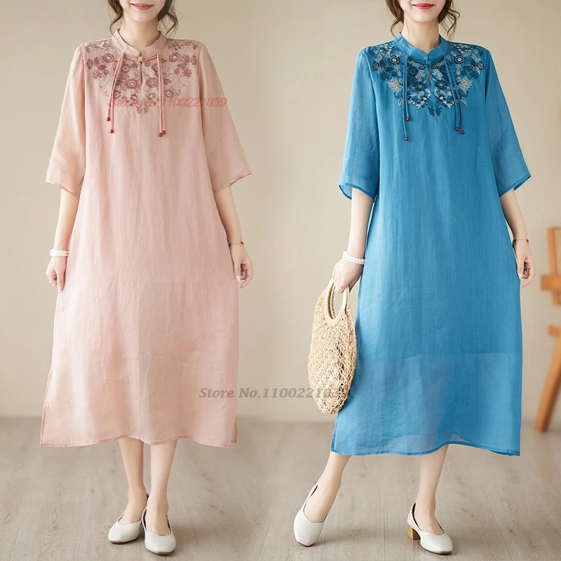 

2024 chinese vintage dress improved cheongsam national flower embroidery a-line dress oriental traditional folk dress qipao