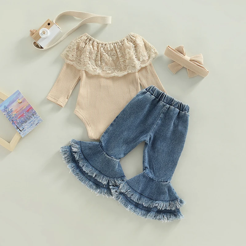 2022-10-28 Lioraitiin 0-24M Kids Meisjes 2 Stuks Broek Pak Lange Mouw Ronde Hals kant Romper Tops Denim Bell-Bottoms Hoofdband